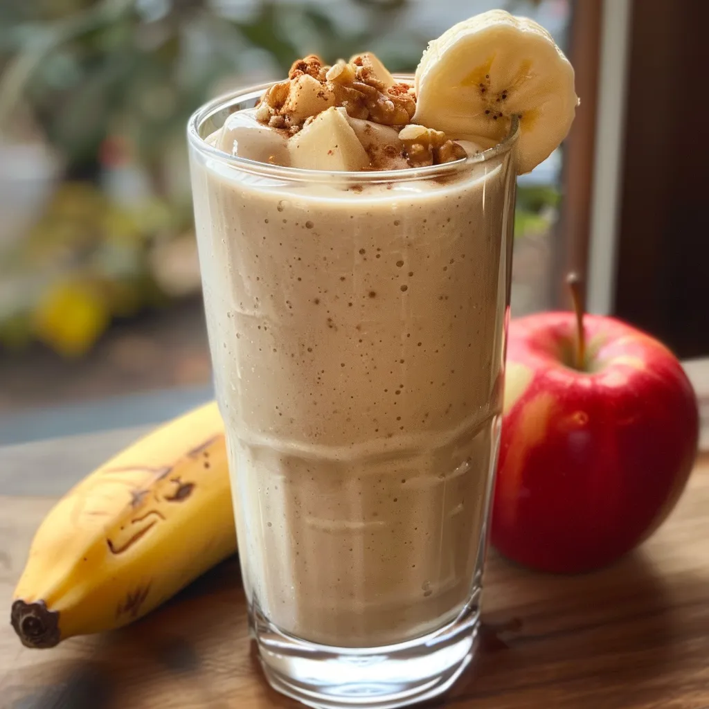 Side view of a delicious smoothie made with apple and banana, garnished with a sprinkle of cinnamon.