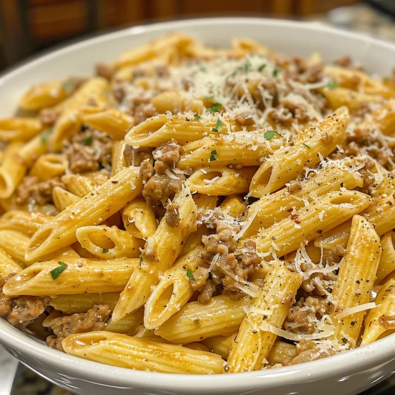 Juicy creamy beef pasta featuring ground beef and cheese on a white plate.
