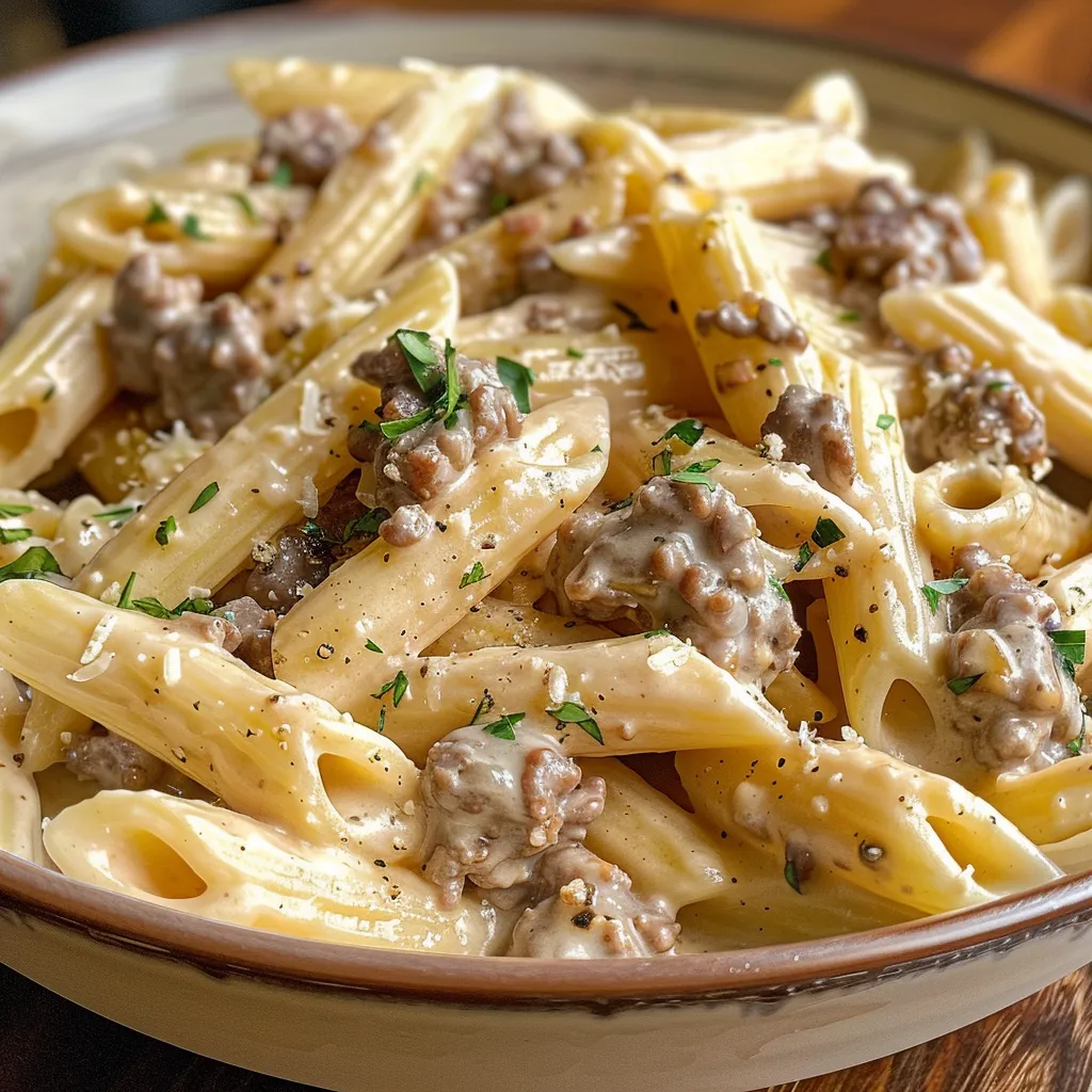 Detailed shot of creamy penne pasta with beef and garlic, ready to serve.