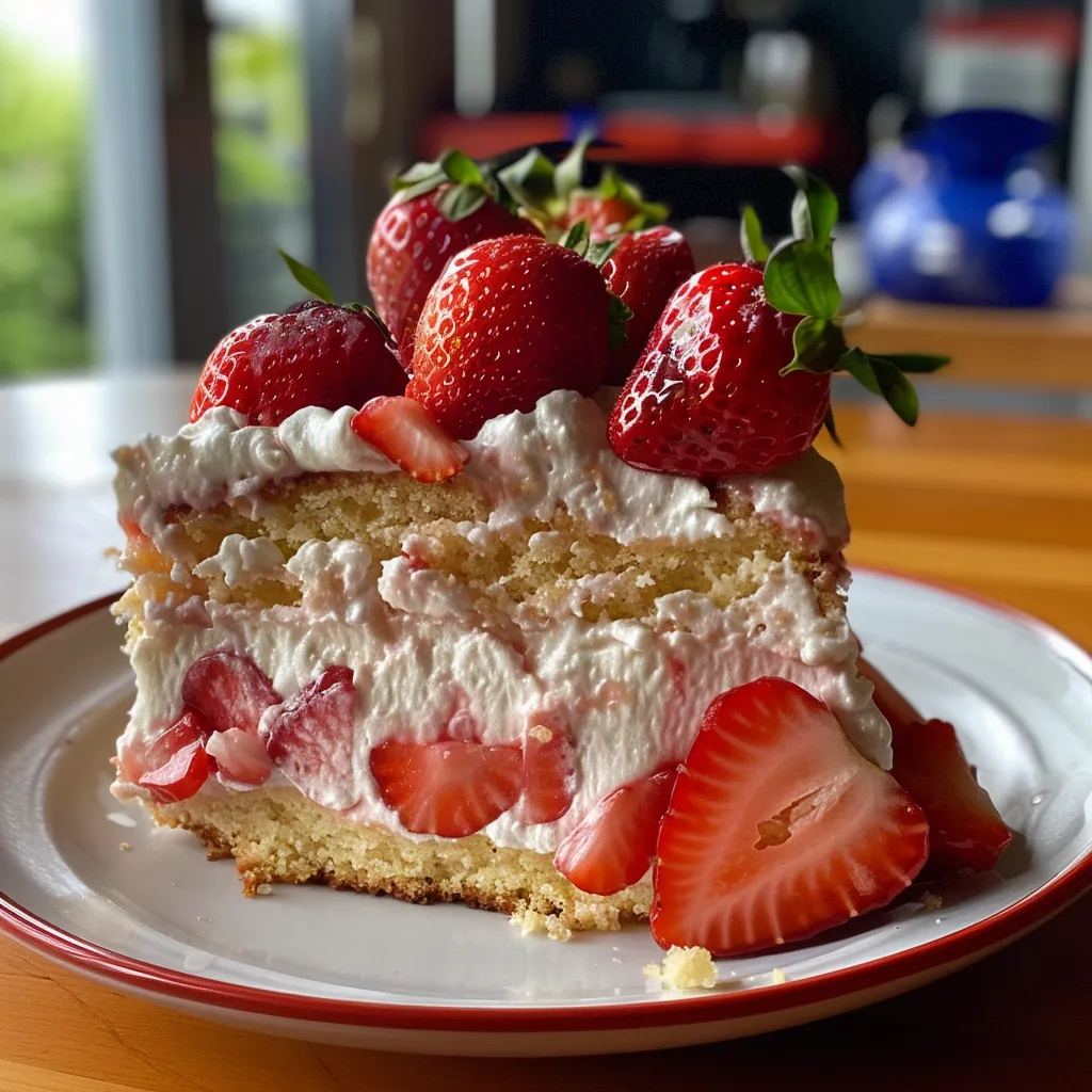 Juicy strawberry cake with whipped topping and diced strawberries, captured in detail.