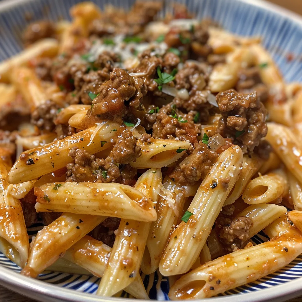 Creamy penne pasta topped with ground beef and herbs.