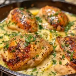 Delicious chicken skillet featuring a creamy sauce, parmesan cheese, and lemon zest.