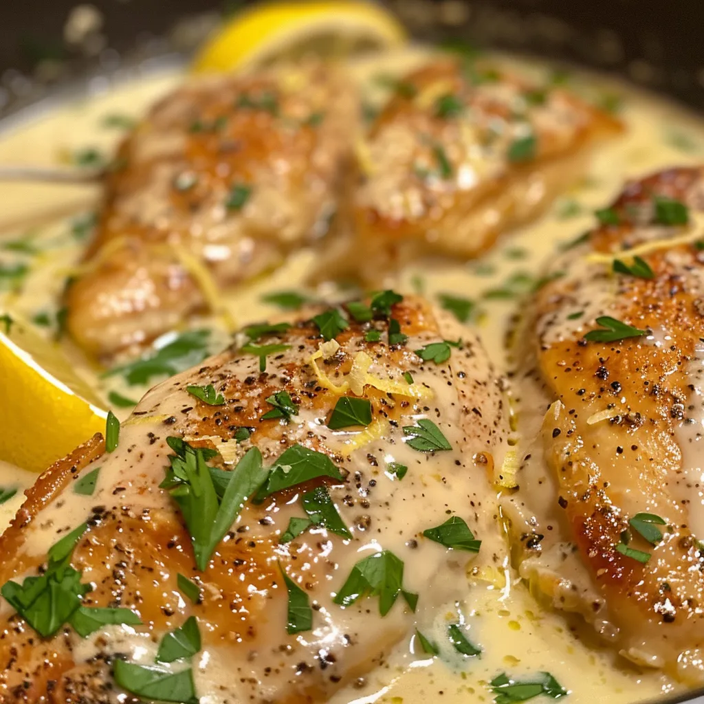 Side angle of a skillet filled with creamy lemon parmesan chicken and garlic.