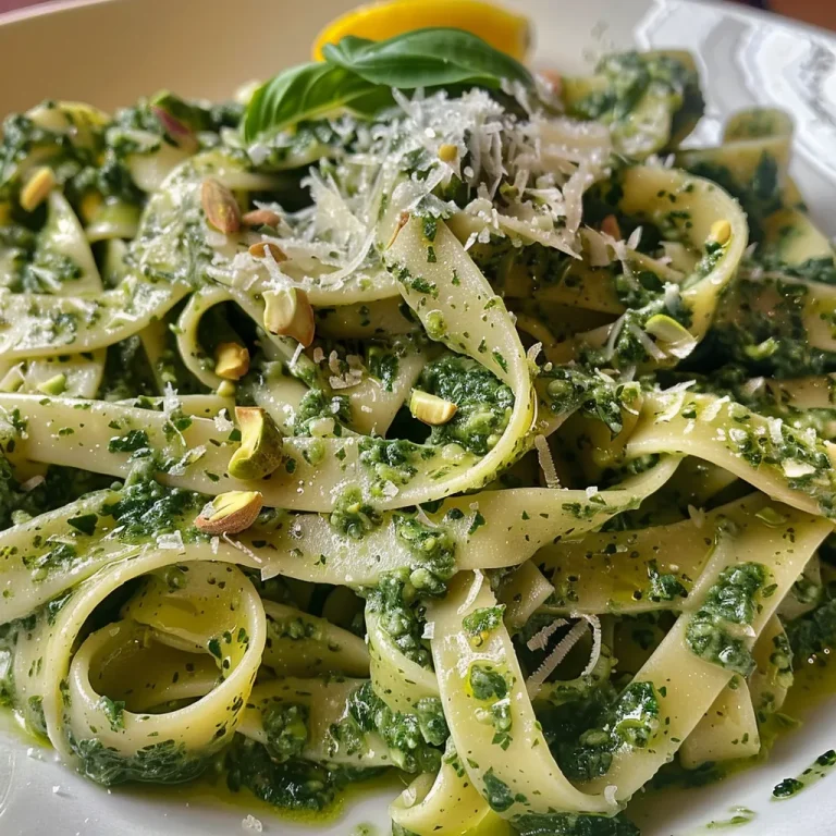 Close-up view of creamy spinach pasta sauce with vibrant green color and fresh ingredients.