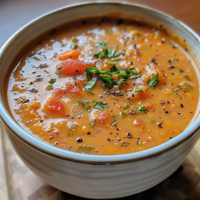 A delicious serving of creamy tomato lentil soup, featuring visible lentils and colorful vegetables.