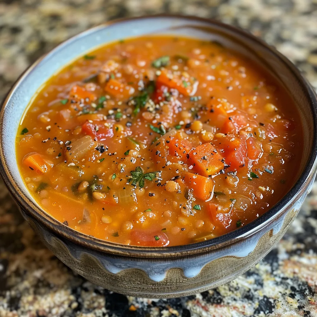 A close-up image of hearty tomato lentil soup in a rustic bowl, emphasizing its creamy consistency.