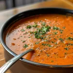 Delicious creamy tomato soup in a bowl, with chunks of tomato visible.
