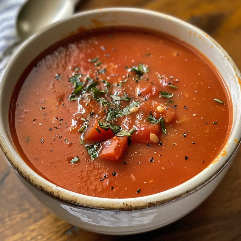 Close-up of a rich, creamy tomato soup, highlighting its vibrant red color.