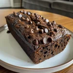 Close-up side view of a slice of double chocolate banana bread with chocolate chips.
