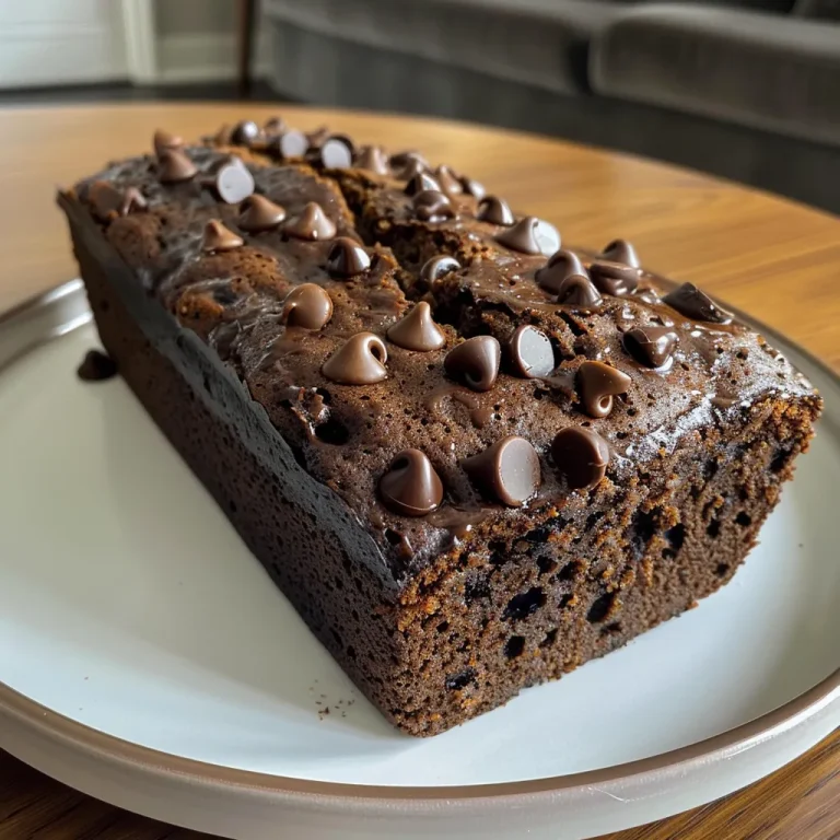 Close-up side view of a slice of double chocolate banana bread with chocolate chips.