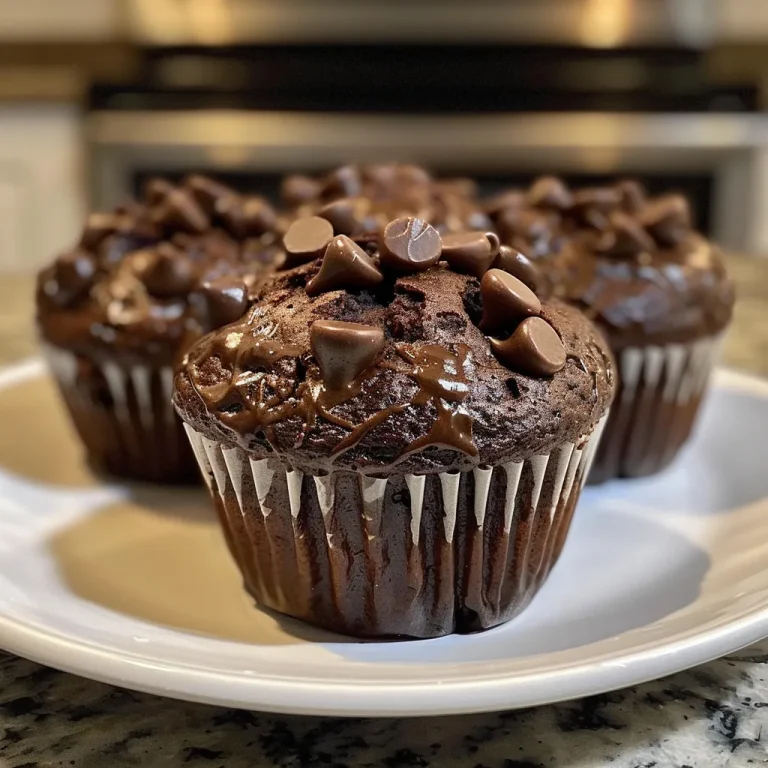 Close-up view of a moist double chocolate chip muffin with melted chocolate chunks.
