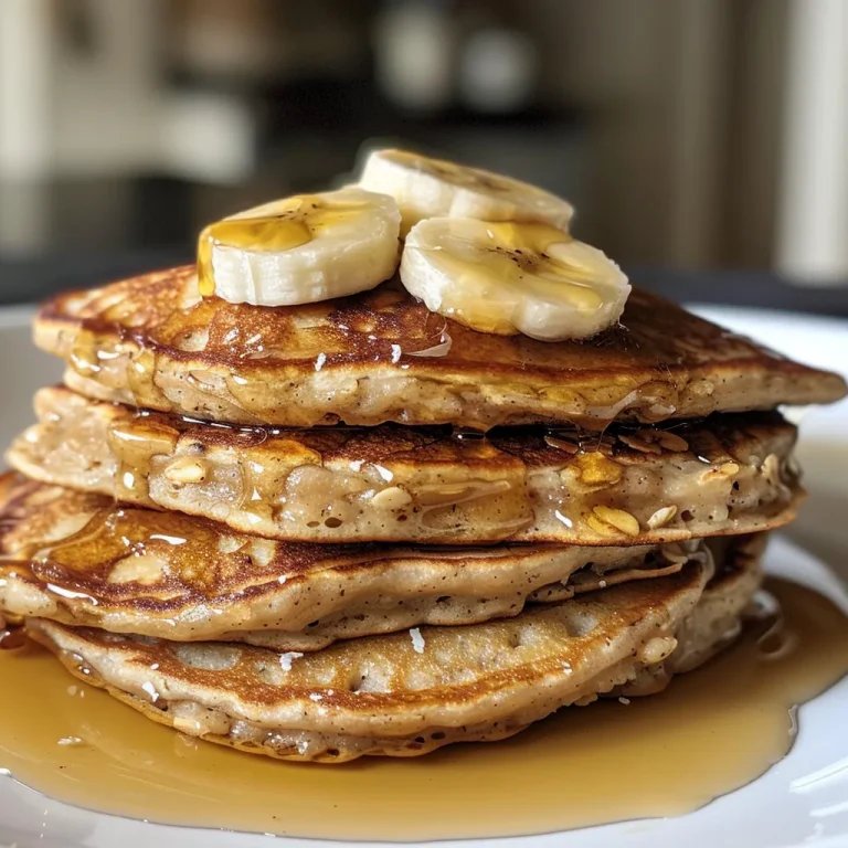 Wholesome Banana Oat Pancakes A Quick and Nourishing Start to Your Day A stack of fluffy banana oat pancakes topped with a dollop of Greek yogurt and a sprinkle of cinnamon.