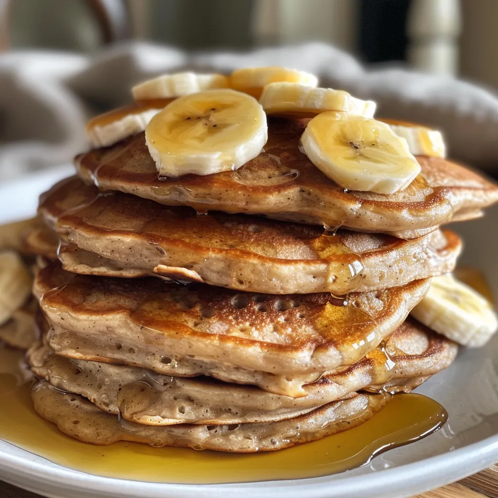 Close-up view of golden-brown pancakes made with bananas and oats, drizzled with syrup.
