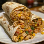 Close-up of a juicy chicken and rice wrap filled with cheese and corn.