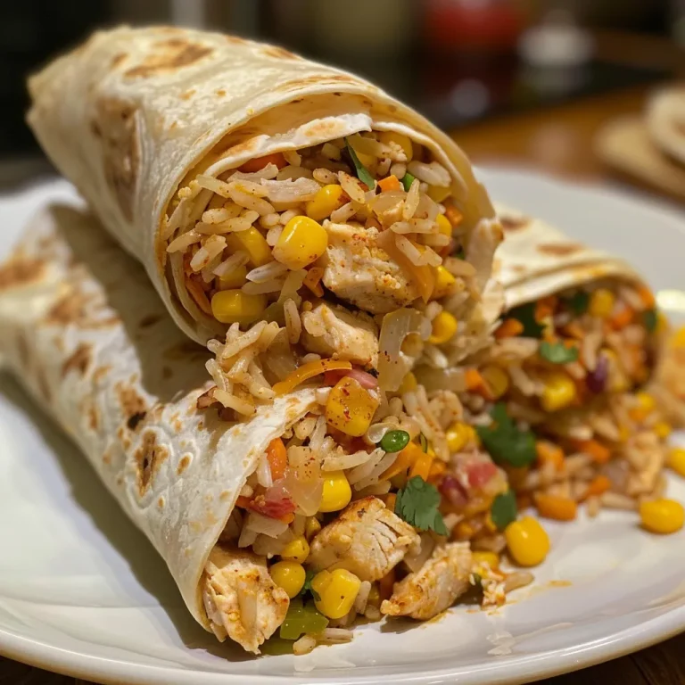 Close-up of a juicy chicken and rice wrap filled with cheese and corn.