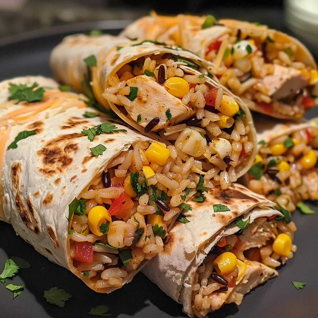 Side view of a vibrant chicken wrap with colorful ingredients peeking out.