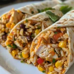 Colorful presentation of chicken and rice wraps garnished with cilantro and lime.