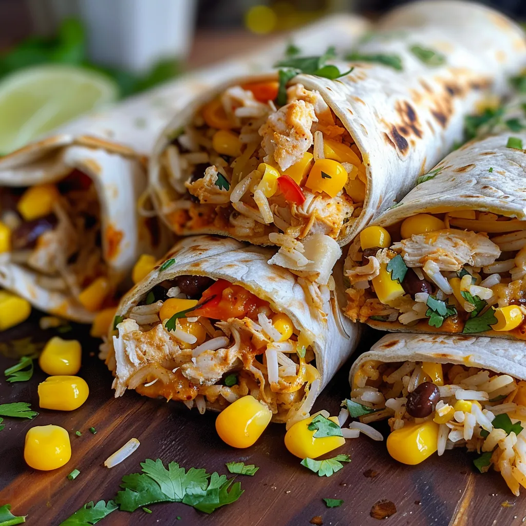 Delicious chicken and rice wraps showcased on a plate, showcasing their ingredients.