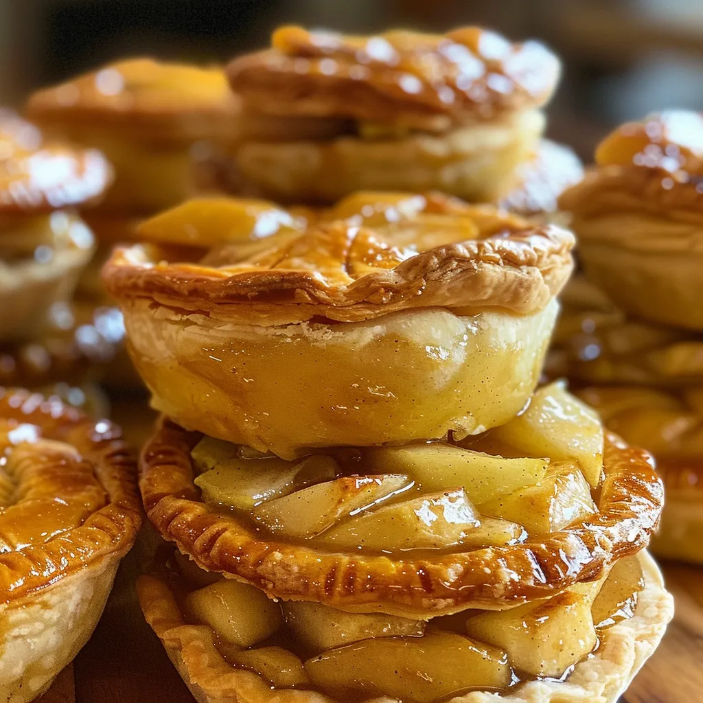Side view of mini apple pies showcasing golden brown crust and juicy apple filling inside.
