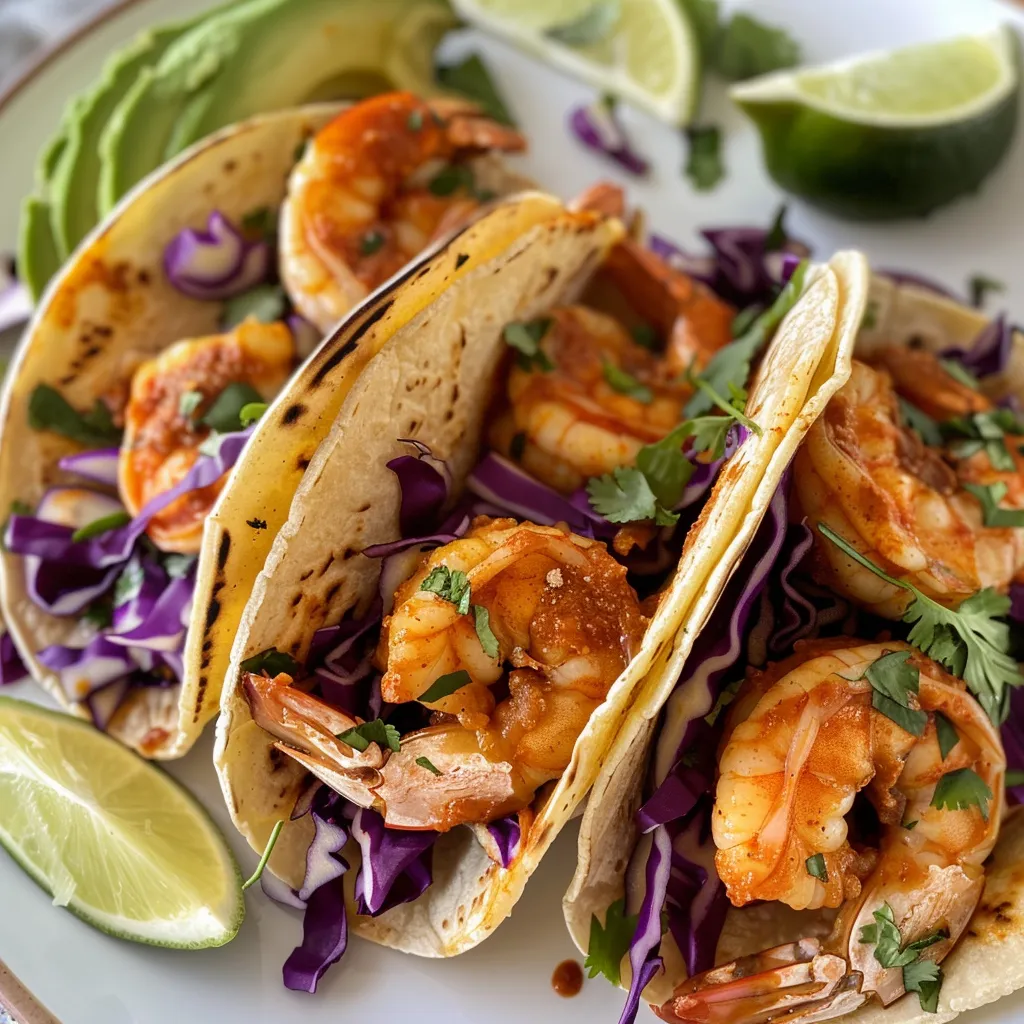 Side view of shrimp tacos topped with cabbage and avocado.
