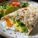 Side view of a fresh egg and avocado wrap, highlighting the creamy avocado and eggs.