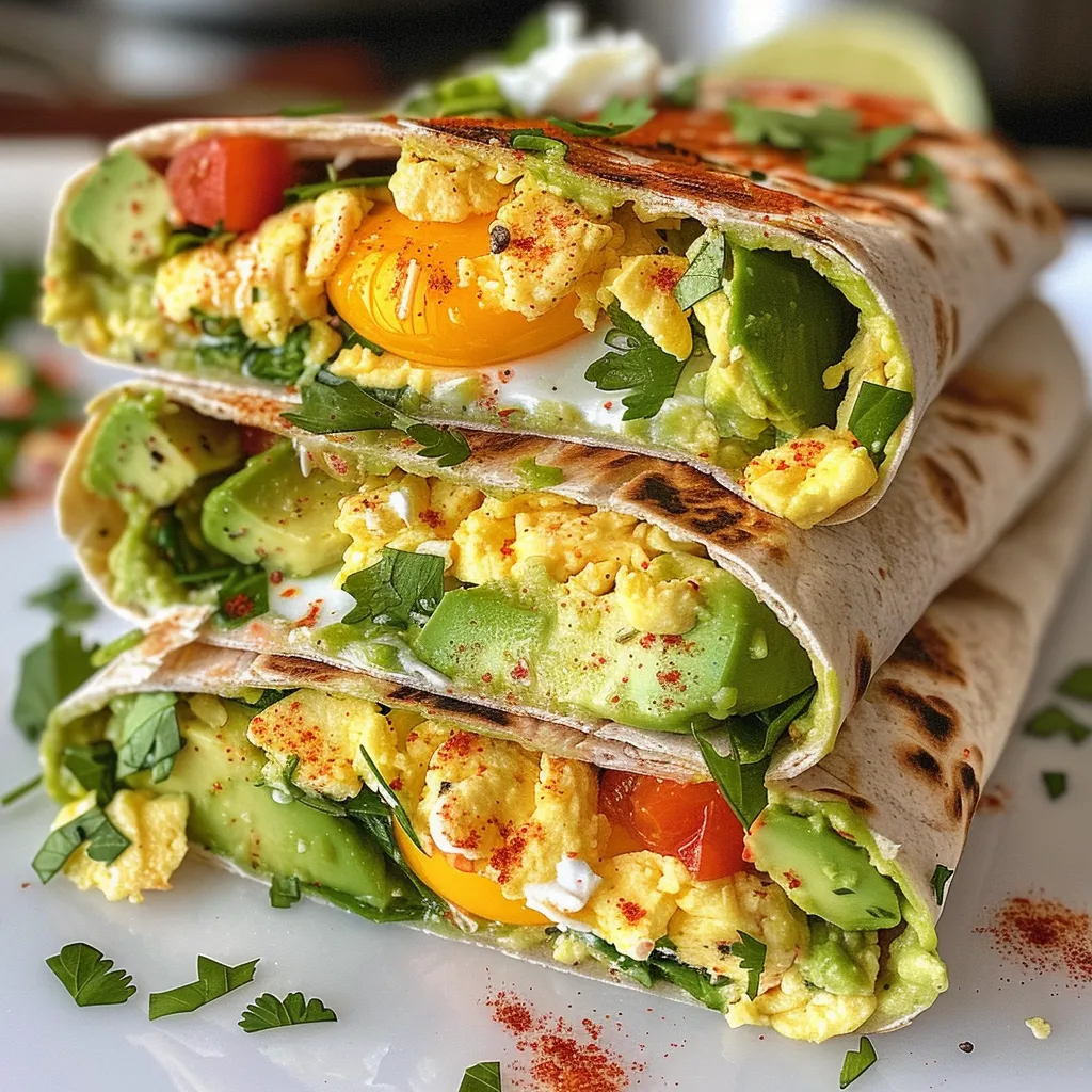 Tasty egg and avocado wrap with a tortilla, bright greens, and cheese peeking out.