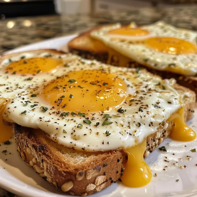 Juicy egg and cheese toasts on a plate, garnished with fresh herbs and a sprinkle of black pepper.