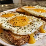 Layered egg and cheese toasts on hearty bread, garnished with herbs.