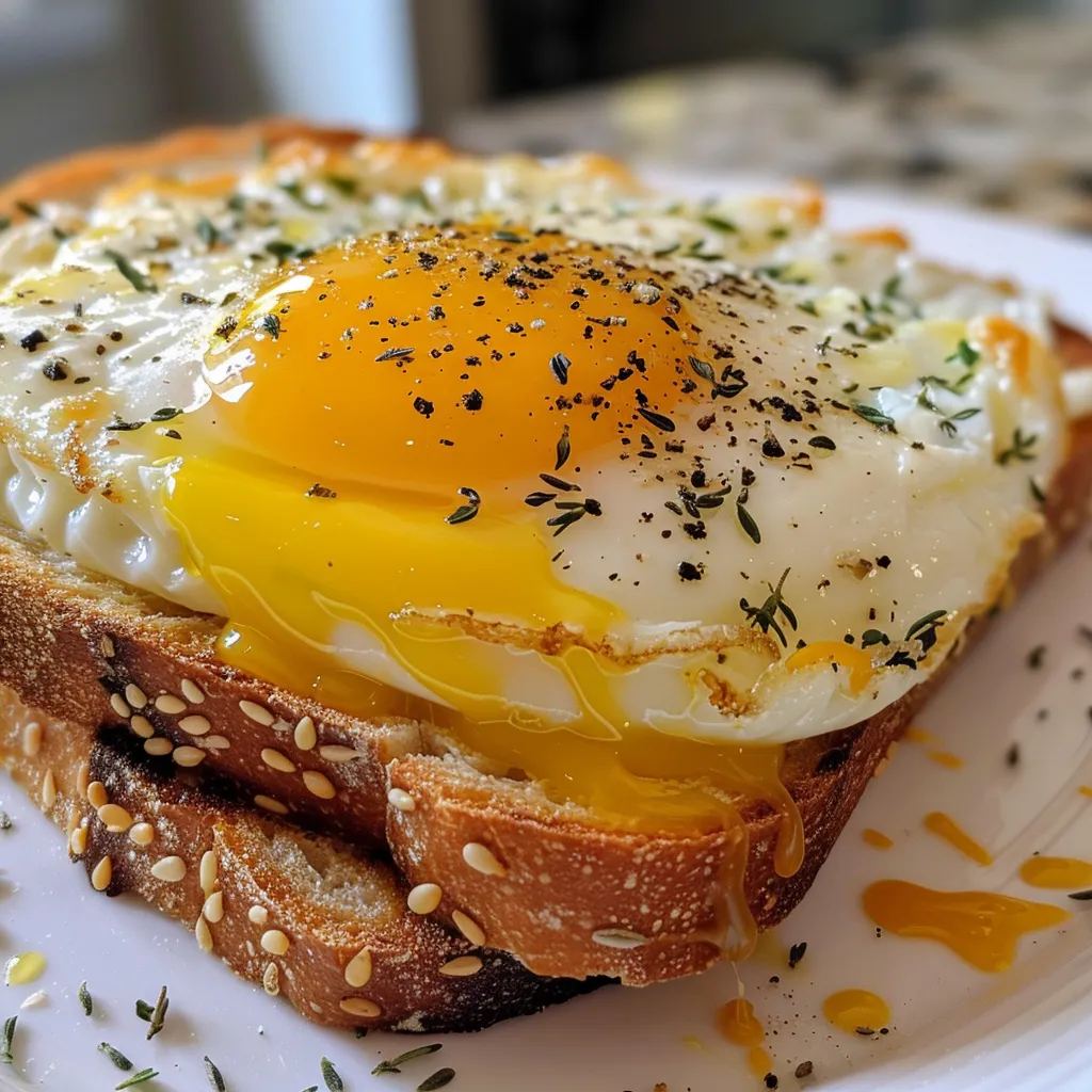 Close-up image of breakfast toasts featuring a fried egg and melted cheese, with herbs adding a pop of color.
