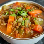 Richly textured lentil soup featuring vibrant vegetables, served in a rustic bowl.