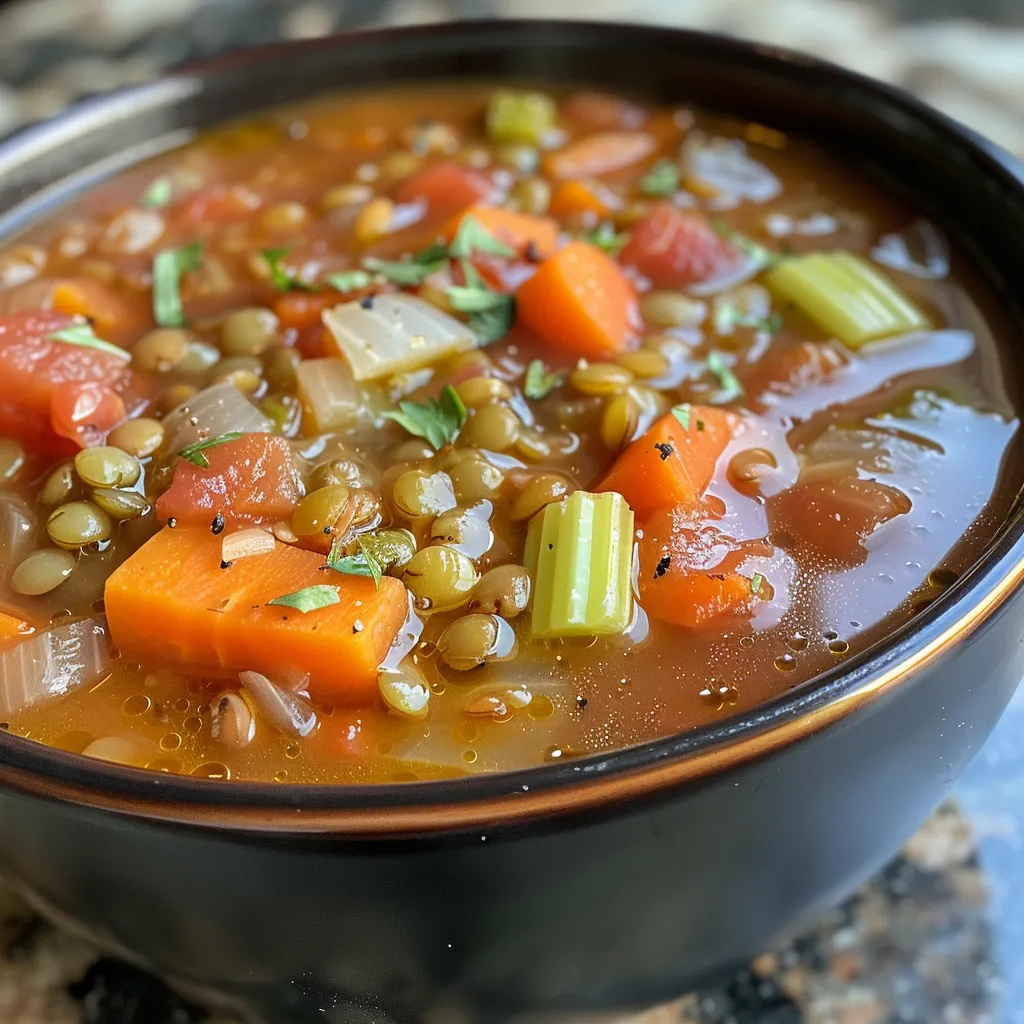 Appetizing garden-inspired lentil soup filled with healthy ingredients, topped with fresh herbs.
