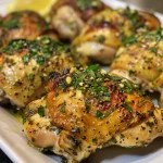 A side view of a golden-brown baked chicken breast with garlic sauce.