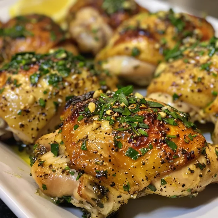 A side view of a golden-brown baked chicken breast with garlic sauce.