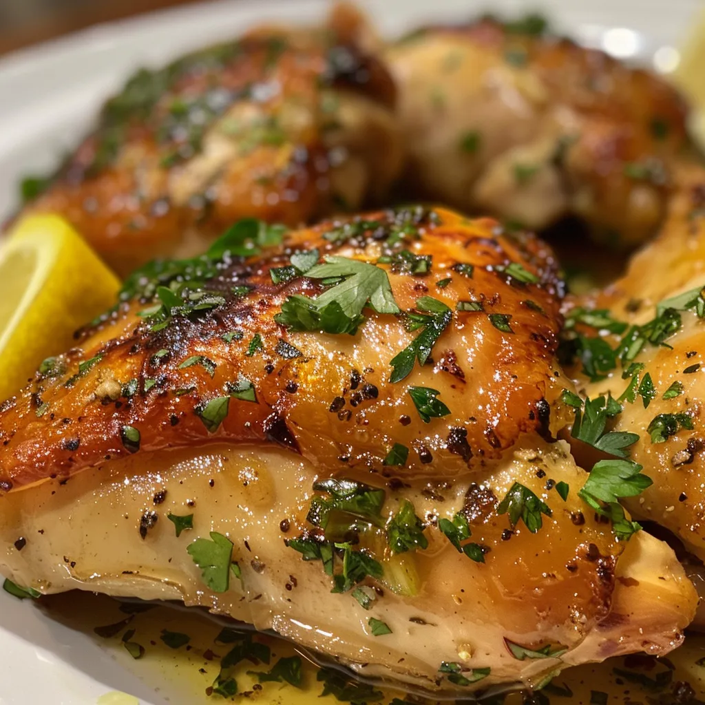 Snapshot of succulent chicken breast drizzled with melted garlic butter.