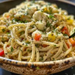 Close-up view of Garlic Butter Noodles with colorful vegetables.