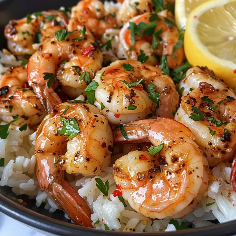 Close-up view of garlic butter shrimp served over white rice with parsley garnish.