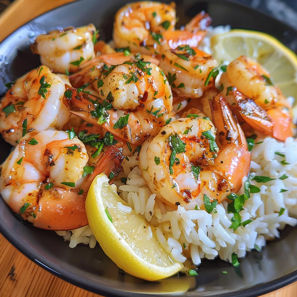 Juicy garlic butter shrimp on a bed of fluffy rice, lemon wedges on the side.