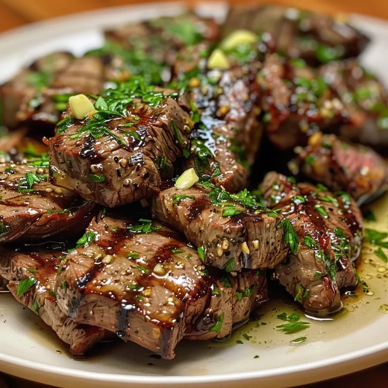 Sizzling Garlic Butter Steak Bites A Quick and Flavorful Treat A close-up side view of juicy garlic butter steak bites, glistening with melted butter and herbs.