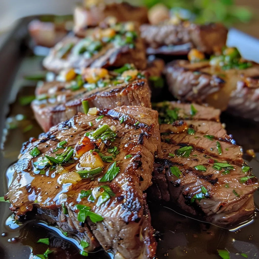 Tender cubes of steak coated in garlic butter, showcasing a vibrant parsley garnish.