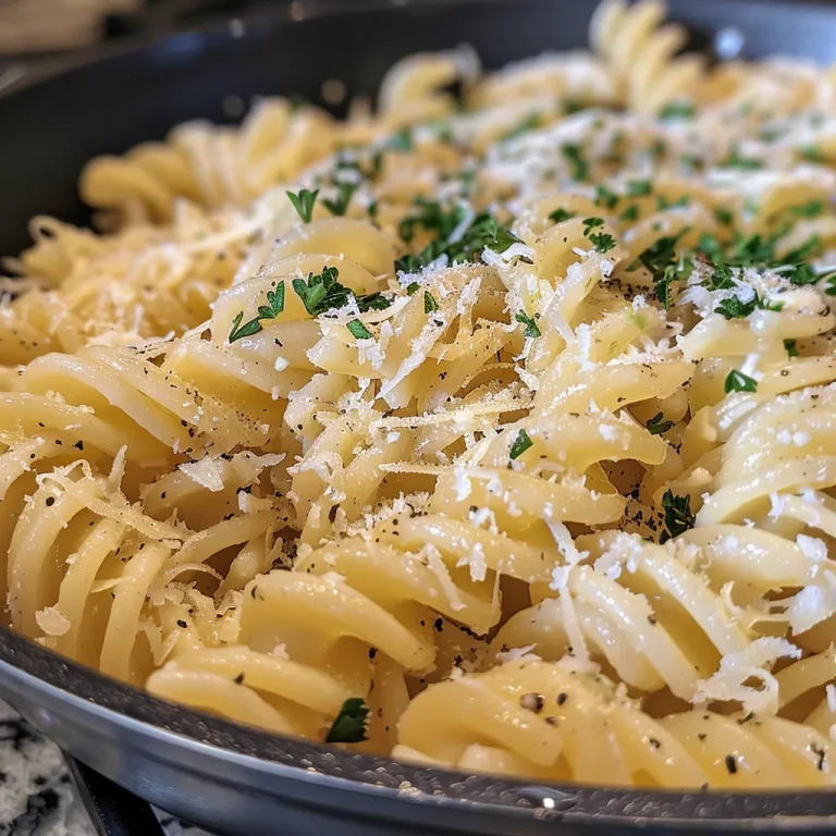 Close-up of shiny garlic buttered noodles garnished with parsley and Parmesan cheese.