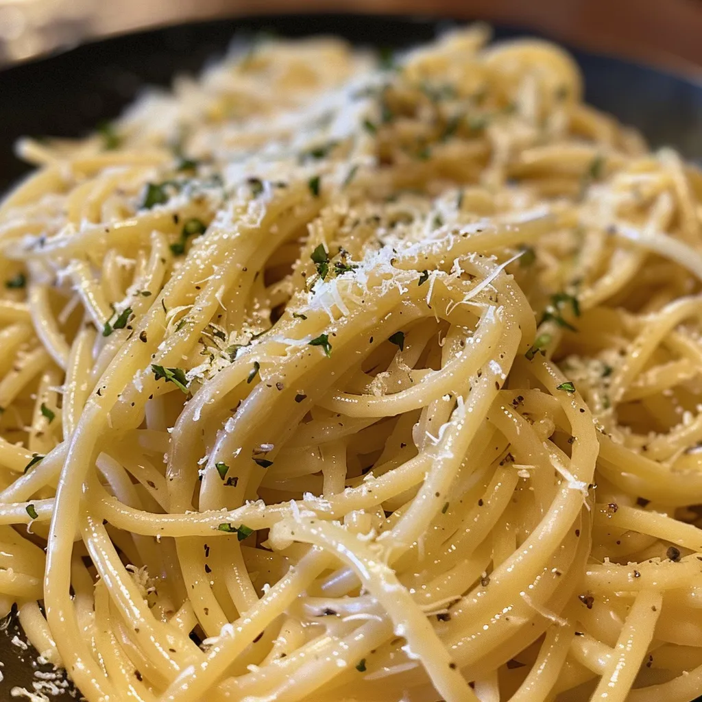 Side view of delicious garlic buttered noodles glistening with melted butter and minced garlic.
