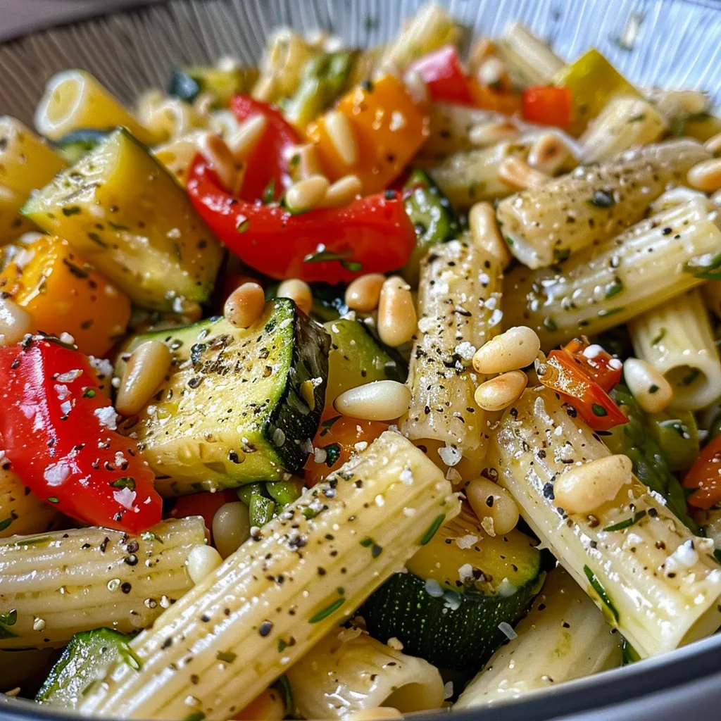 Side view of a bowl containing delicious Gluten-Free Dairy-Free Pasta Primavera.