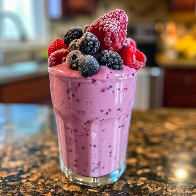 Revitalize Your Mornings with a Wholesome Greek Yogurt Berry Smoothie Close-up view of a creamy Greek yogurt berry smoothie in a glass, filled with vibrant mixed berries and banana slices.