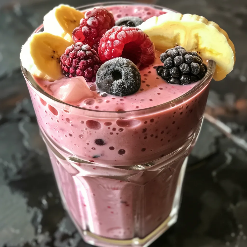 Side angle of a refreshing Greek yogurt smoothie with layers of colorful berries and a drizzle of honey on top.