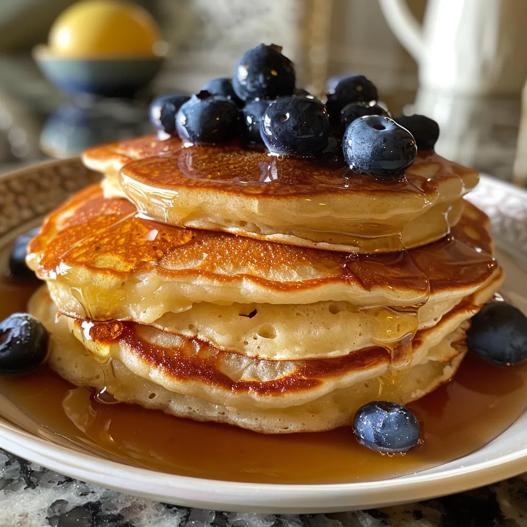Side view of a fluffy pancake topped with syrup and berries.
