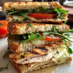 A close-up side view of a grilled chicken three-cheese sandwich with melting cheese and fresh ingredients.