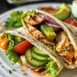 A close-up view of a grilled chicken wrap with fresh ingredients.
