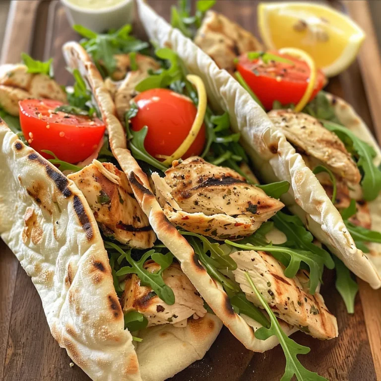 Side view of flatbread wraps filled with grilled lemon chicken, vibrant greens, and colorful tomatoes.