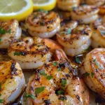 Close-up view of grilled shrimp with a golden-brown crust, garnished with parsley.