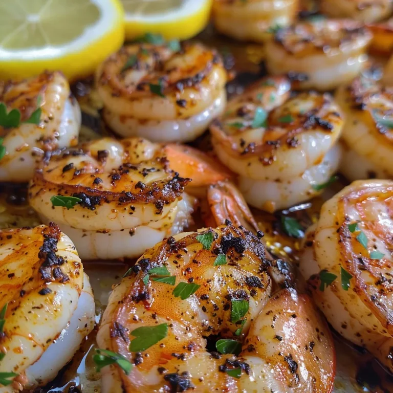 Close-up view of grilled shrimp with a golden-brown crust, garnished with parsley.